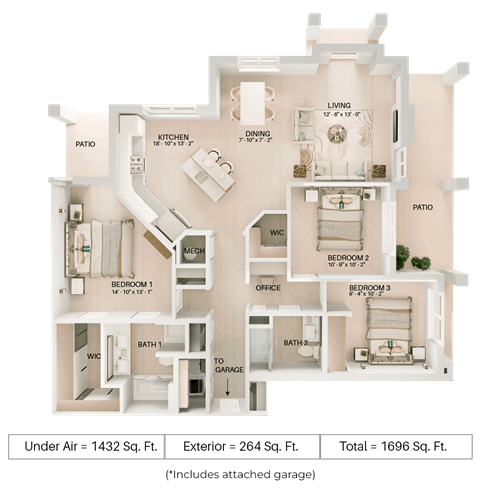 Floor plan for 3 beds, 2 baths, 1432 sqft
